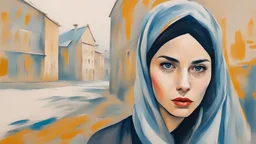 A portrait of a standing against the city wall sad beautiful young skinned woman with a head covering, looking straight in the camera painted in loose brushstrokes by expresiionist art