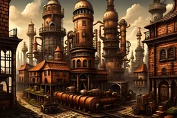 A world of rusty and greyish buildings, pipelines, smoking chimneys, with steampunk elements, by Amanita Design