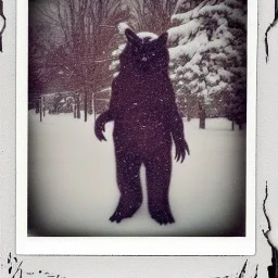 cryptid in the snow polaroid vintage style realistic