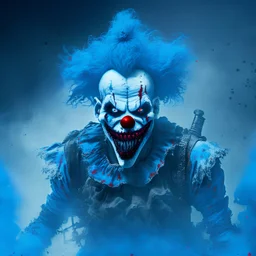 a ghost clown from hell in the battlefield with blue background