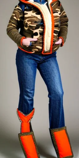 Brunette woman in her 30's. thick thighs, thick calves, flat belly, wide hip. Mantle is sewed of recycled Denim and sewed together of camouflage pieces. (orange,terracotta, cream and purple colored camouflage, printed on denim). It is with big bright purple felt tippet and cream-colored-hood. mantle is merged with satchel. . AKG-style headphones (gold rings!) is merged with small felt cap with small visor. Style: Haute Couture in 1936, Paris fashion in 2023, inspired by street art. latex gaiters