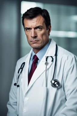 portrait of a 40 year old doctor with dark hair and a scowling expression, angry eyes