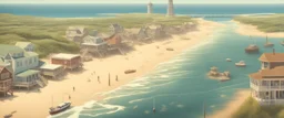 Netflix's Outer Banks, with elements of new york landscape and a Blackpool tower, Miami scenery, and Wild west aspects, with boats, also elements of devon, in one giant land, realistic, drone shot, background. Scenery.