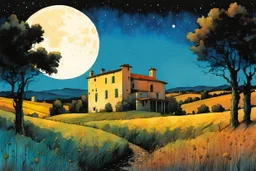 create a wildly abstract illustration of a highly detailed fortified Italian farmhouse surrounded by Lombardy poplar trees, in the hills of Tuscany under a harvest moon at midnight , in the comic book art style of Bill Sienkiewicz, and Jean Giraud Moebius, finely textured, drawn, colored, and inked