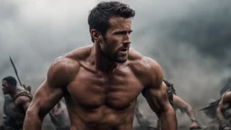 Hyper Realistic handsome-shirtless-muscular-short-black-hair-Ryan-Reynolds fighting in a prehistoric-war-sequence at dark-cloudy-day with dramatic-&-cinematic-ambiance