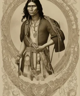 Athahualpa, native american warrior, long black hair, big muscles, pechera, big half circular from shoulder to chest fabric piece