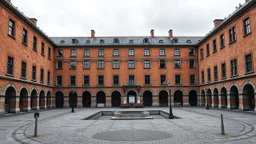The desolate historic center of a gray city at midday, cloudy and devoid of cars and pedestrians. A civic palace of exposed brick and stone. Thick walls and deep, symmetrical window openings. Axial order and a hierarchy of interior spaces visible from the outside. Expressiveness provided by the rhythm of the openings and the tactile austerity. Contrast between a massive exterior and an introspective void in the central square courtyard. Graphic style: an architectural watercolor by Thomas Schall