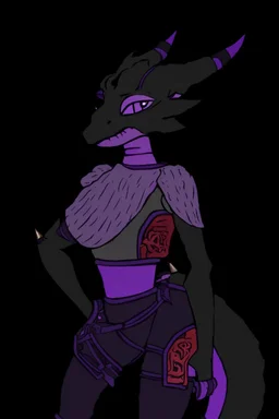 a black and purple, female argonian artificer who uses Tesla coils as weapons, skinny, lightly armored