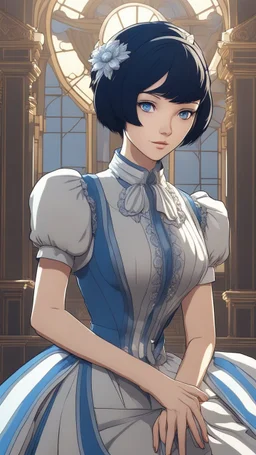 Yong Elizabeth with short black hair and blue eyes and blue and white dress in 8k anime cgi artstyle, bioshock them, full body, intricate details, highly detailed, high details, detailed portrait, masterpiece,ultra detailed, ultra quality