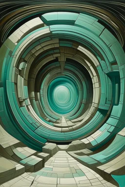 A grayish teal distorted realm with a portal painted by Frank Lloyd Wright