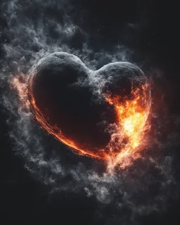 Moon in shape of realisitic heart, biological heart, cinematic, {abstract}, depression, black background, atmospheric, fire, DLSR, soft focus, dispersion