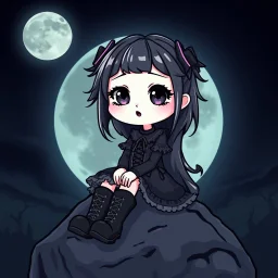 logo from whimsical, cute kawaii gothic style anime girl, pale face, dark eyes, goth laced dress, boots, expressive eyes, goth make up, dark lips, messy long hair with hair clips, she is sitting on the rock, deep night, in background big full moon, eerie athomosphere, gothic, mystic atmosfere, Cartoon style