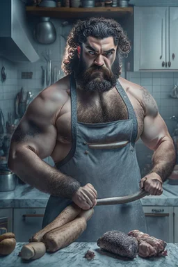 full figure shot photography of a 29 years old serious burly strong stocky turkish shirtless butcher with grey apron, bullneck, hairy, beard, curly hair, holds big sausage in hand, in a modern kitchen with marble table, angry eyes, High detail, very detailed, ultra HD, 8k, cinematic, ambient occlusion , view angle from low