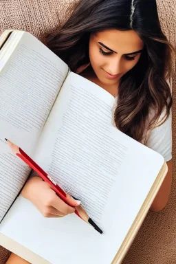 Pencil sketch of Young woman, Arab features,sad, long wavy hair, reading a book, full body، on lined paper