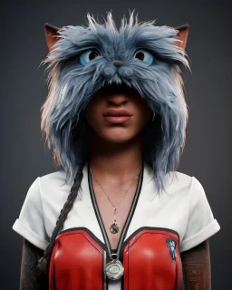 Realistic portrait, hybrid character, waitress sexy British woman with monster muppet mask that covers her entire head, Sesame Street style, retro style, pub, short shirt, old school tattoo, hot, smooth, unreal engine 5, god lights, ray tracing, RTX, lumen lighting, ultra detail, volumetric lighting, 3d.