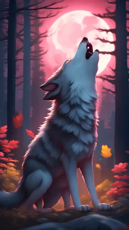 Kawaii, Cartoon, Wolf, bully, All Body howling at the Moon, Horror lighting with red, yellow pink and blue colors, in the night forest, Caricature, Realism, Beautiful, Delicate Shades, Lights, Intricate, CGI, Botanical Art, Animal Art, Art Decoration, Realism, 4K , Detailed drawing, Depth of field, Digital painting, Computer graphics, Raw photo, HDR