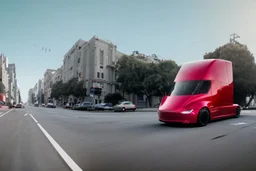 A Tesla 'Semi' (semi truck) is going at a high speed, on the streets of San Francisco. (CINEMATIC, WIDE ANGLE LENS, PHOTO REAL)