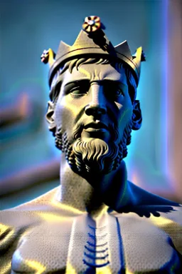 Ultra Realistic image, Roman sculpture, white marble material, Lionel Messi, gold crown of natural thorns, god crown, Miguel Angel style, sun rays background, waist up portrait, epic, celestial, cinematic lighting, God lights, 4k resolution, smooth details, soft lighting, unreal engine 5, art station, substance 3d.