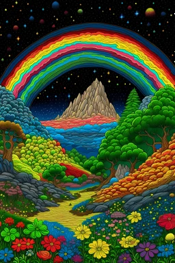 Colourful rainbow, peaceful, Hiroshige, Van Gogh, night sky filled with galaxies and stars, trees, rock formations, giant flowers, one-line drawing, sharp focus, 8k, 3d, intricate, ornate