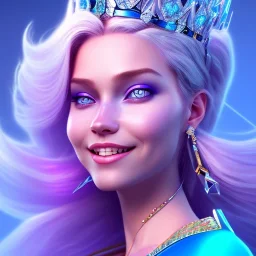 A portrait of a full body crystalised blue pink queen,smiling face, blue eyes, long blond hair, atmospheric, realistic, unreal engine, lighting