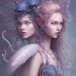 portrait, visage, fée, magicienne, fantasy, bleu et rose