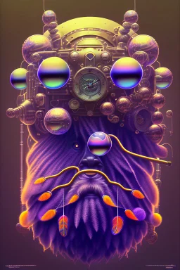 bearded man head with feathers, spheres, cubes, gears, clocks, engine parts, exhaust pipes, fur, peacock feathers, mechanism, in the style of Android Jones, gradient, bioluminescent, rococo, photorealistic, intricate details, 8k, purple and gold, digital painting, top light, illustration, trending on artstation