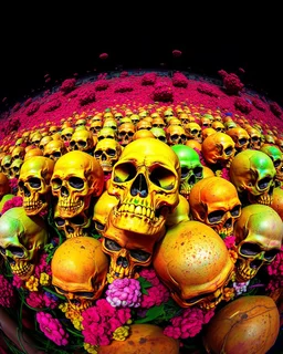 a field of skulls, multi colored, bright, vivid, psychedelic, high detailed, matte, bunches and bubbled up clumps, horrorcore, vines, unsettling contrast, through a fisheye lens
