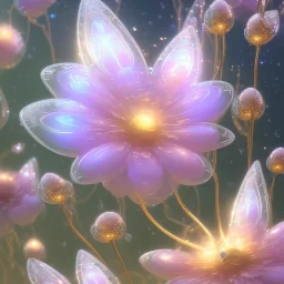 one big crystal subtle flower in a galactic ambiance with a beautiful fairy, transparent petals, delicate colors, in the foreground, full of details, smooth，soft light atmosphere, light effect，vaporwave colorful, concept art, smooth, extremely sharp detail, finely tuned detail, ultra high definition, 8 k, unreal engine 5, ultra sharp focus