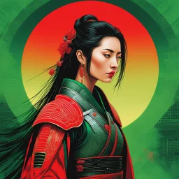 A lone cyber-samurai, depicted against a vibrant green backdrop with a crimson sun, emanates grace and strength. With elegant armor reminiscent of traditional samurai design yet unmistakably high-tech, she stands poised and contemplative, her hair flowing like ink. This piece captures a more introspective side, blending strength with serenity as she contemplates her path. The delicate circuitry woven into her attire reflects the symbiosis of organic and digital worlds, suggesting a warrior who e