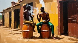 minimalist acrylic impasto painting of two skinny tall black Somali neighbors in 1935 sitting on rusty oil barrels drinking steaming coffee, wide angle, dusty heat, tribal vibe, amazing verticals, great parallels, warm shades of yellow, orange, green and black with sparse deep red leaks, afrofuturism, rusty village decay, arafed doors