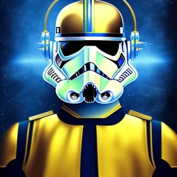 trés beau capitaine galactique, star wars style, avec costumes bleu et or , arrière fond bleu galactique étoilés, casque