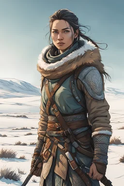 create a sketchy, hand drawn, full body, young, otherworldly lost Siberian nomadic female huntress concept art character, with highly detailed, sharply lined and deeply weathered facial features in a desolate tundra steppe landscape , in natural winter tundra colors, 4k