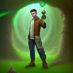 spray painting fantasy art, portrait cute poet priest with dark green pants standing in portal to desert world from forest world with wind,poetry book illustration