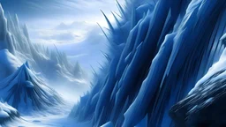 Edit this image to reduce the size of the ledges on the sides of the canyon. Make the left side (the cliffside below the humanoid characters) look more like the icy edge of a glacier.