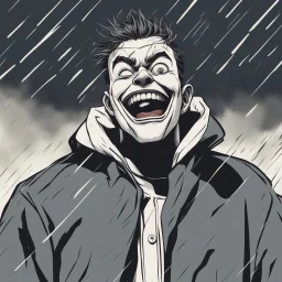 a closeup of a psychopathic young man with white eyes in a heavy coat and hood during a rainstorm laughing cartoon