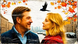 old worn paper, Double exposure, newspaper scraps, blonde woman and 40 year old man, love, drawing, old background, embossing, layering, 3 D, Double exposure, city in hair, branches, , buildings, drawing, autumn, ART portrait, fine rendering, hyperdetail, hyperfocus, hypersharpness, bright colors, Double exposure, one bird, wind