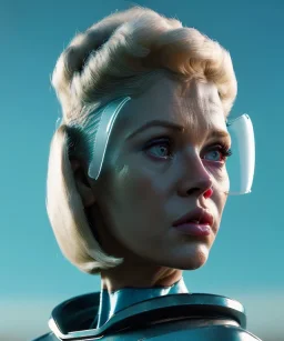 Ultra Realistic retro sci-fi movie, people, classic ovni, 1960 year, waist up view portrait, blonde woman, sweet teenager Jane Fonda face, perfect cyan iris, glow eyes, face makeup, tight latex coat, retro glass helmet, Retro sci-fi style, soft color, highly detailed, unreal engine 5, ray tracing, RTX, lumen lighting, ultra detail, volumetric lighting, 3d, finely drawn, high definition, high resolution.