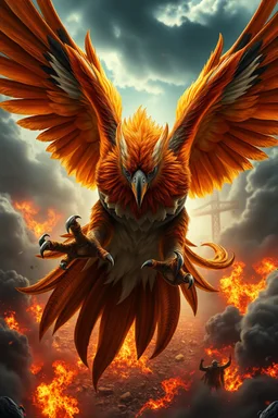 Create a ultra high definition and photorealistic image, 12k quality of a beautiful phoenix, majestic and strength showing, emphasis on texturized claws, upclose with a front view flying towards the camera, centre of an explosive and chaotic background scene of Armageddon where he is followed by demon like dark clouds in persuit trying to grab him, phoenix has striking eyes and determined look, majestic wings folded inwards in flight, bright auburn, black, white, grey and yellow colours, gothic