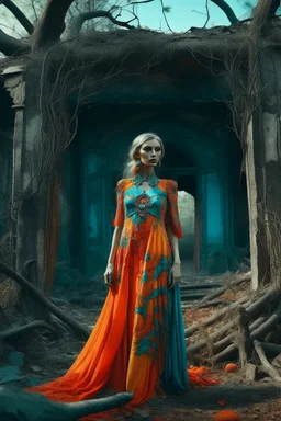 Photo of an odd being, bright colors, odd fashion, award winning photography, odd pose, trees, very accentuated details of the dress and skin, eerily mysterious, artistic photo, shot on Hasselblad, high definition, high resolution, 8k, 3d render, very detailed, F/2.8. Background ruins, after a war, noon-light, odd.