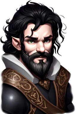 Male, Priest, halfling, 20 years, dnd5e, beard, black undercut wavy hair, epic armor