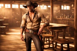 Young rough and rugged muscular cowboy photorealistic in a saloon