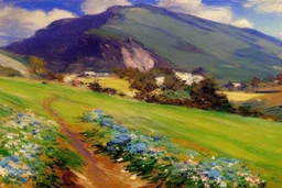 Mountains, sunny day, clouds, rocks, flowers, grass, distant houses, vegetations, distant trees, lesser ury and philip wilson steer impressionism painting