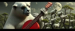 close up on member of jazz giant polar alien sloth gremlin sheep flock climbing trees in the style of Escher and Giger