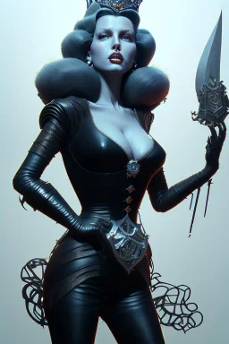 Rita Hayworth as evil queen in black leather, leather, busty, cleavage, angry, stern look. character design by cory loftis, fenghua zhong, ryohei hase, ismail inceoglu and ruan jia. unreal engine 5, artistic lighting, highly detailed, photorealistic, fantasy