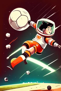 A person playing soccer in space scores a goal on Jupiter cartoon 2d