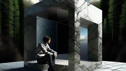 A person inside a glass cubic shape in an surreal environment