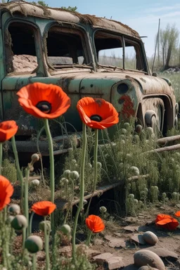 poppies growing out of a big abandon corroded old car