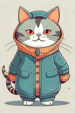 sweet illustration of a cat in coat , in a cartoon style