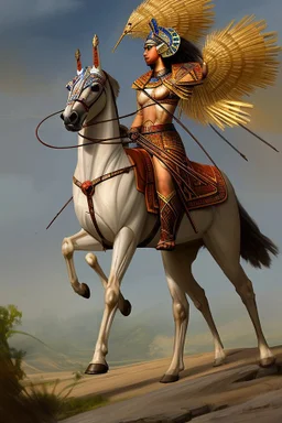 [Ancient Egypt, Mycenaean, man, woman] denyen: Towering figures, their armor adorned with symbols of prowess, lead the charge. Feathers crown their heads, a testament to their connection with the skies. As they advance, their strides echo the rhythms of distant lands, the echoes of battles fought and won resonating in every step.