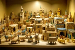 A beige town made out of toys designed in Oaxacan Alebrijes painted by Caspar David Friedrich